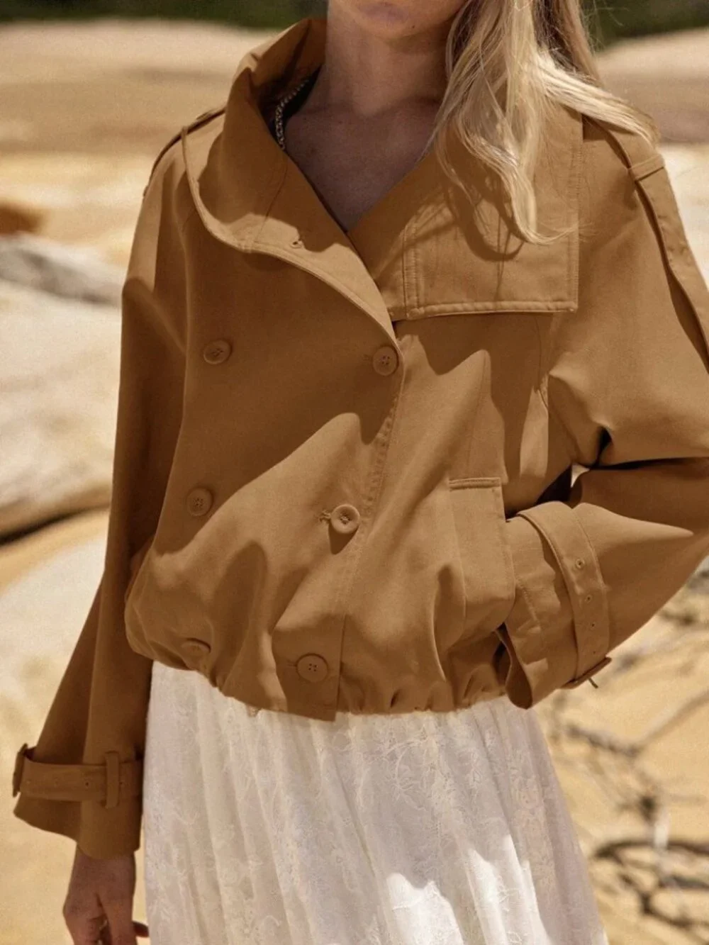 Camel Double-Breasted Cropped Trench Jacket with Belted Cuffs